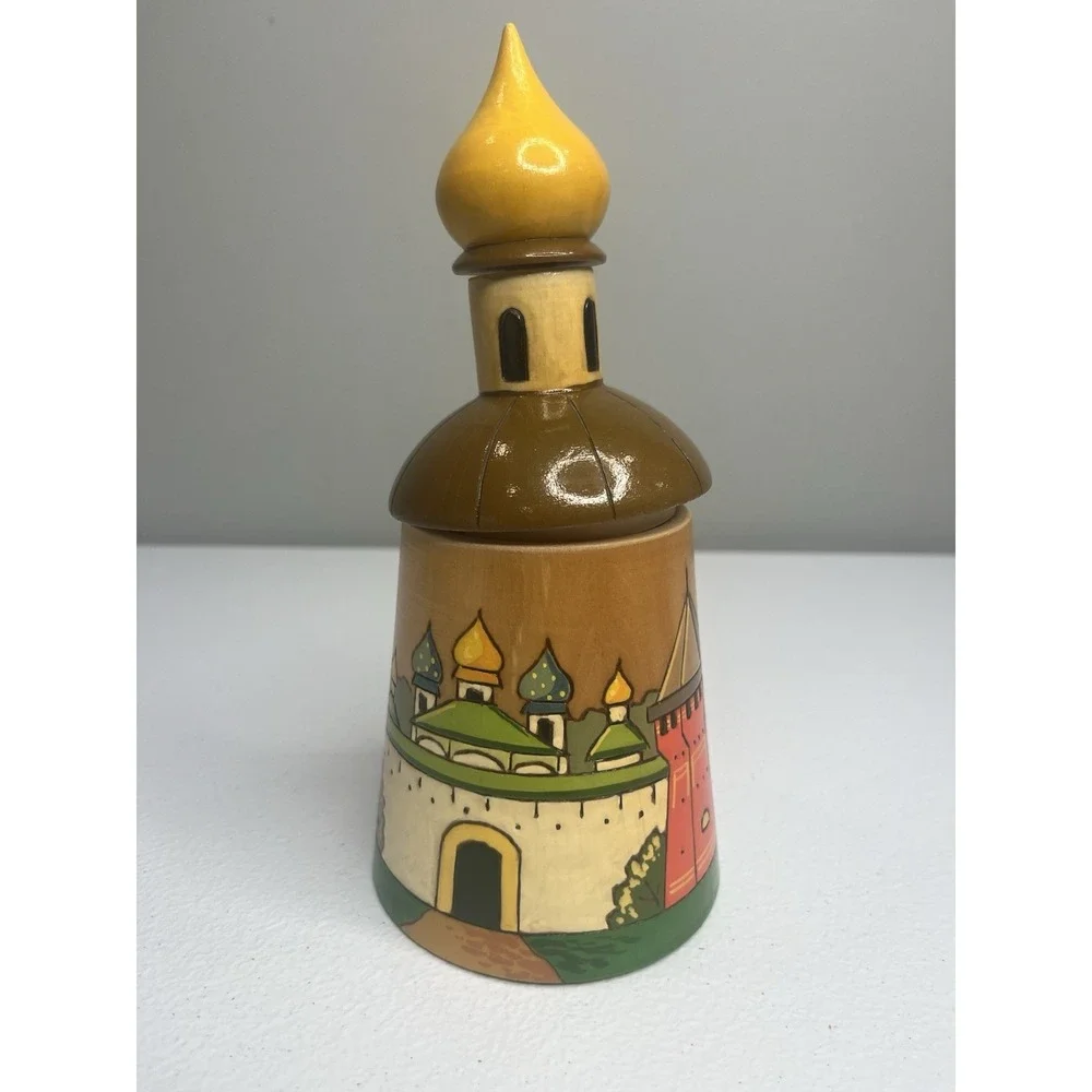 Vtg Russian‎ Treasure Box Canister Jar Hand Carved Wooden Lidded Made In USSR